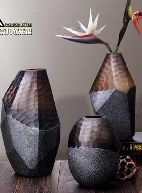 精品咖色刻磨几何玻璃花瓶不规则切面蓝I色装饰插花器现代创意摆