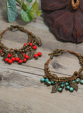 复古森系b文艺小清新樱桃手链女民族风硕果流苏陶瓷手绳手工配饰