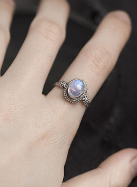 尼泊尔饰品手工925银镶嵌月光石戒指女J流行首饰指环 复古民族风