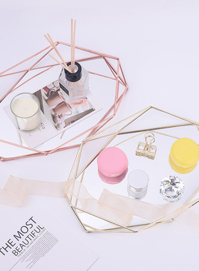 北欧简约黄铜玻璃镜面金属托盘 卫生间浴室卧室梳V妆台首饰盘摆件