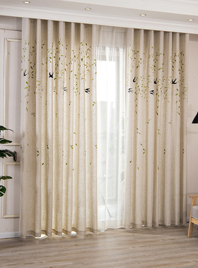 定制亚麻半遮光柳枝飞燕日式现代简约客厅O卧室飘窗成品环保窗帘