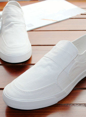 白色帆布鞋男韩版百搭休闲板鞋夏季透气一脚蹬布鞋懒人鞋男小白鞋