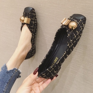 时尚 子布面方头浅口平底平跟单鞋 大码 女鞋 女 新款 欧美风2021春秋季