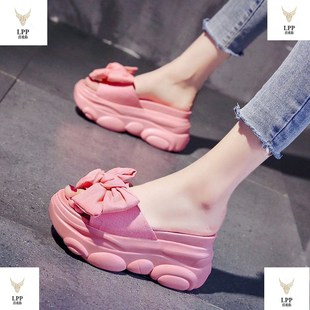 G坡跟松糕懒人内增高网红凉拖 厚底外穿2020年新款 花朵拖鞋 女夏季