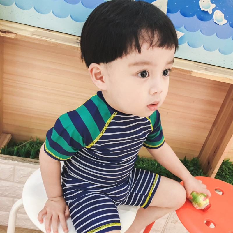 韩国ins潮款儿童泳衣男童宝宝条纹泳衣 连体小童男婴儿防晒冲浪服