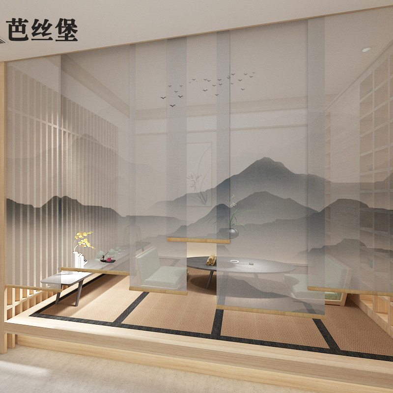 卷帘窗帘悬挂式隔断装饰升降电动手拉透K明双层客厅茶室全遮光帘