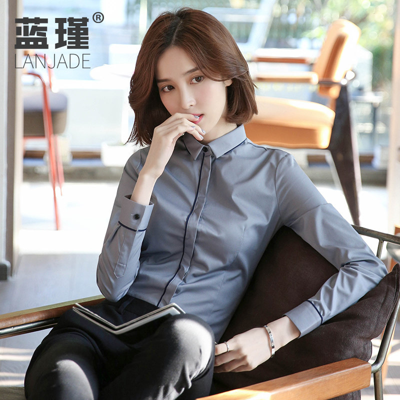 灰色衬衫女设计感小众长袖20w21春秋白衬衣职业气质正装工装工作