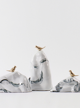 新中式禅意陶瓷假山摆件样板房洽谈室客厅玄关办公室书房软装饰品