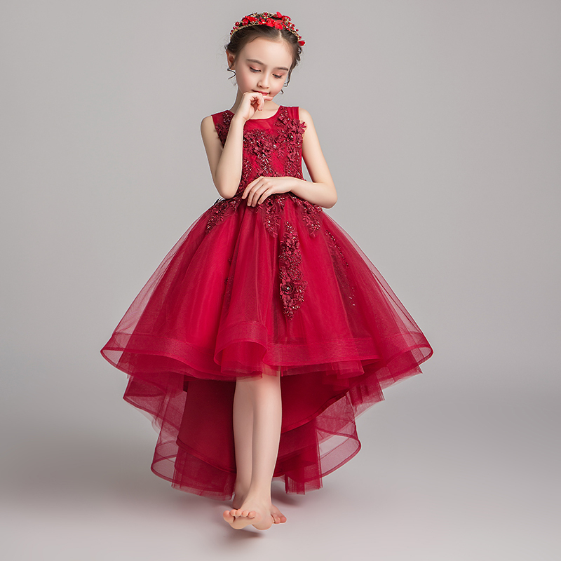 公主裙女童生日红色小女孩花童主持人礼服儿童钢琴演出服表演夏季