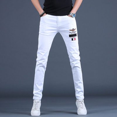 2021夏季款男士白色牛仔裤网红修身刺绣小脚休闲长裤弹力印花裤子