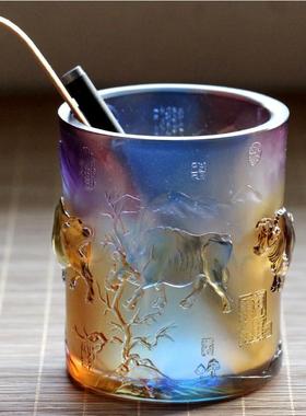 古法琉璃五牛图笔筒桌面摆件招财客厅办公桌高档摆设送老外送师长