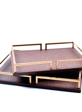 轻奢托盘摆件北欧风客厅电视柜茶几样板房软装不S锈钢皮质家居饰