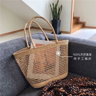 夏季海滩度假黄草干镂空纯手工编织包草包方形网格手提包单肩包
