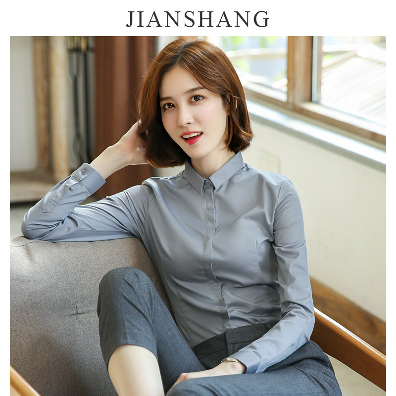 白衬衫职业女长袖秋冬p新款气质正装工装工作服寸内搭加绒灰色衬