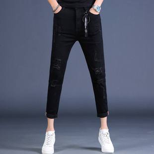 男士 黑色破洞九分牛仔裤 修身 小脚9分裤 潮流休闲潮牌 夏季 韩版 薄款