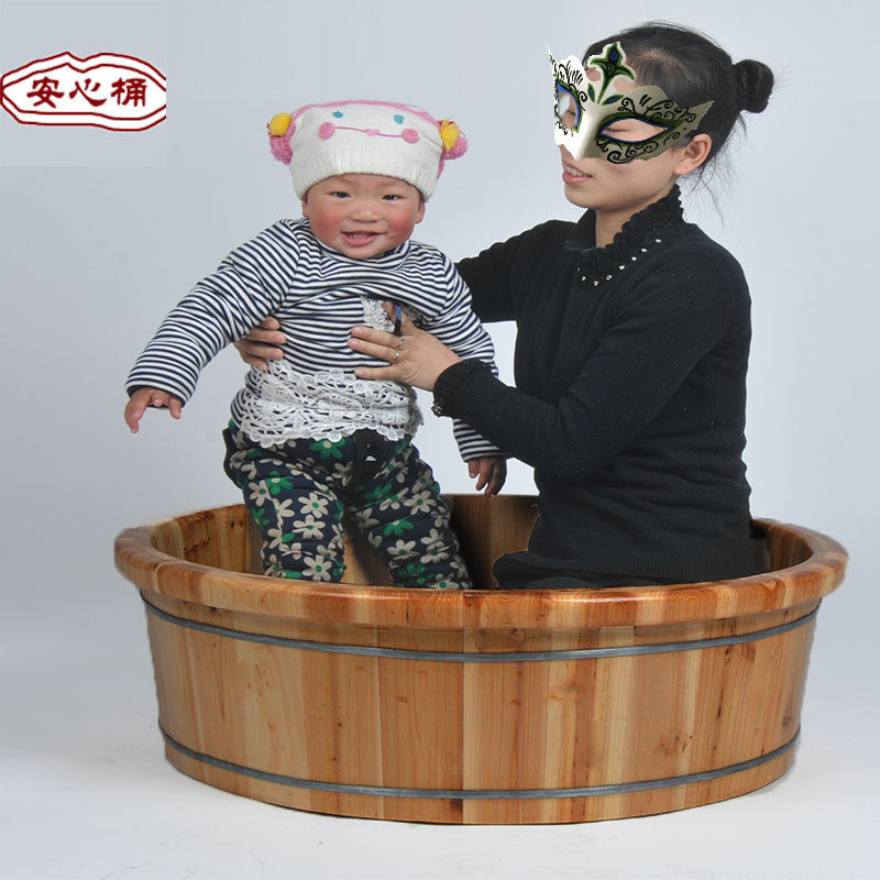 成人坐浴木盆大人儿童木质泡澡盆宝宝洗澡沐浴盆加Q厚桶高25cm包