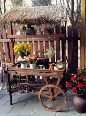 田园乡村复古做旧实木花架手推车花房花车摆件商业店铺橱窗置物架