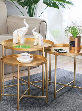 北欧ins铁艺托盘小桌子 简易沙发边几铁艺托盘茶几咖啡折叠小圆桌