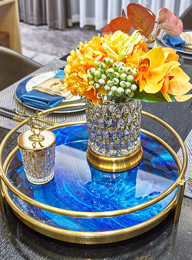 轻奢风金框石纹托盘 家居客厅茶几茶具杯具收纳装饰托盘