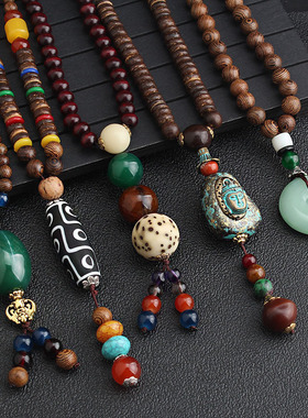 简约百搭民族风毛衣链长款佛珠项链男女复古高档木质棉麻配饰挂件