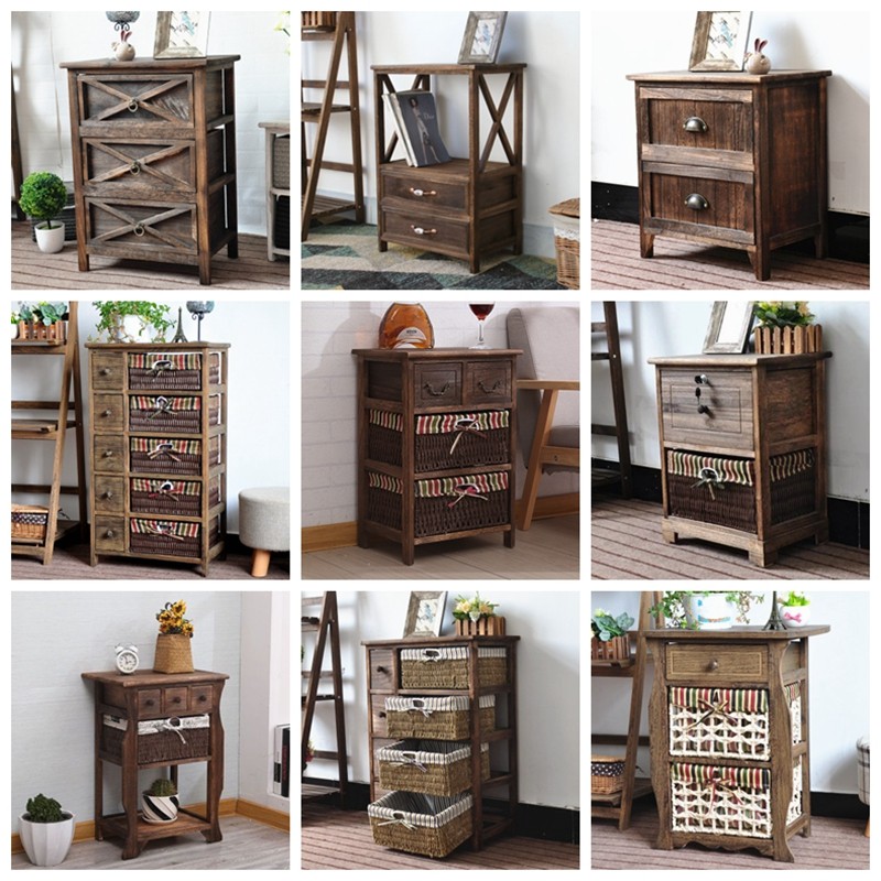 复古做旧实木现代简约40CM床头柜韩式田园藤编收纳储物柜斗柜边柜