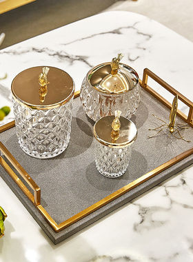 简约欧式珍珠皮革铜框收纳托盘 客厅茶几样板房杯具收纳装饰