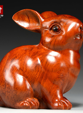 实木雕刻兔子摆件十二生肖木头兔家居客厅装饰品开业送礼
