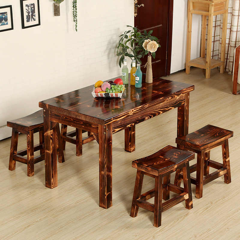 热卖实木桌椅组合面馆小吃烧烤餐厅仿古原木饭店快餐桌马鞍凳做旧