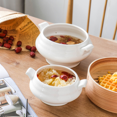 陶瓷双耳带线双盖汤窝口店纯白光酒汤盆汤罐家用大炖盅大容量汤碗