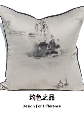 浅灰色绸缎大靠背现代中式复古沙发软装靠枕靠垫床头客厅抱枕方形