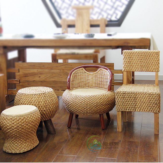 家用藤编小矮凳靠背大人休闲座椅实木坐墩阳台藤椅子圆凳换鞋凳