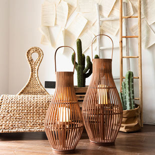 J慕空间 复古落地烛台天然灯笼 样板间花园大厅装饰摆件套装