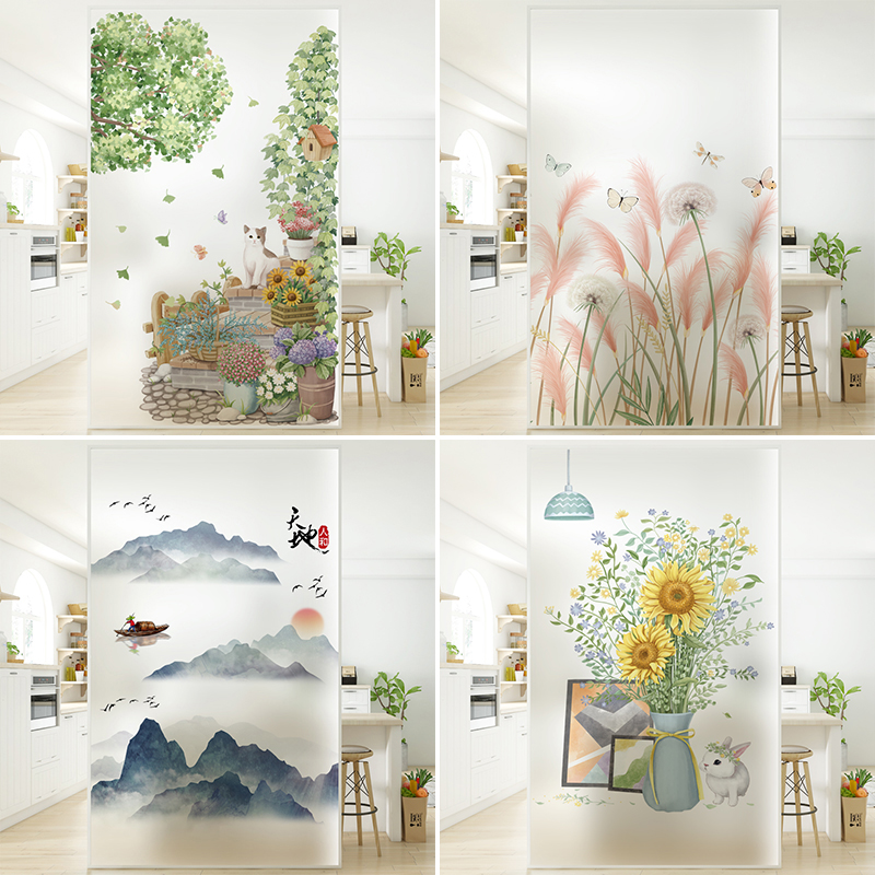 免胶静电玻璃贴膜贴纸透光不透明浴室卫生间门窗改造遮光叶子植物