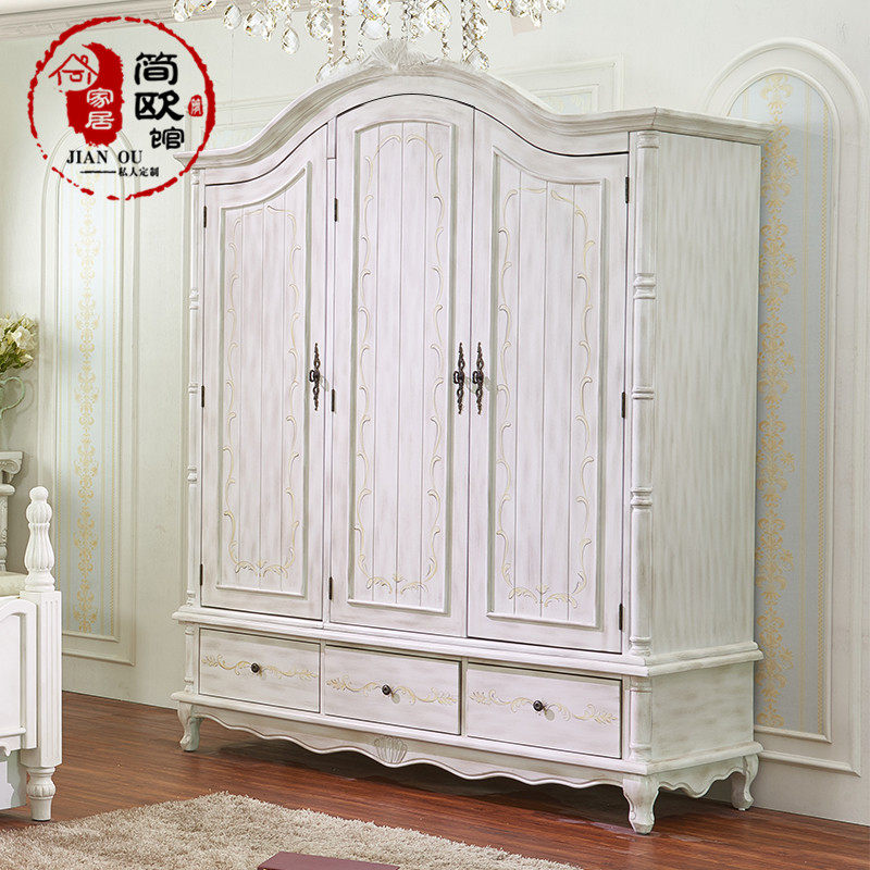 实木衣柜复古大衣橱卧室定制田园收纳柜美式做旧三门衣柜
