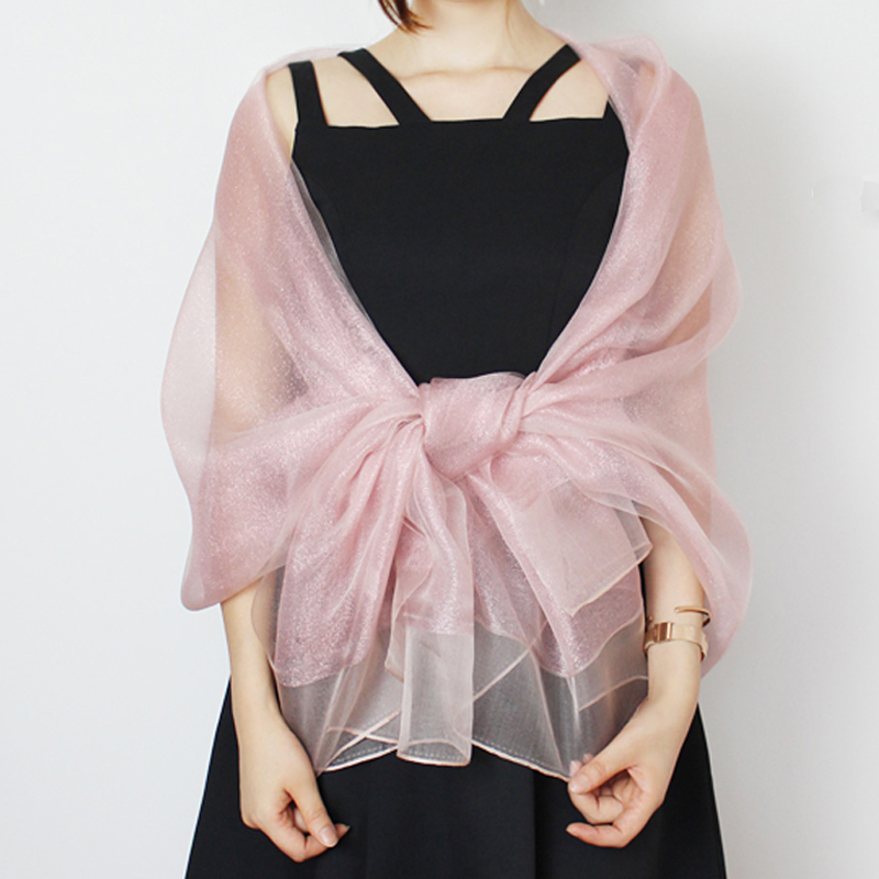 双层粉色伴娘服旗袍礼服披肩桑蚕丝丝巾真丝围巾长巾女春夏季
