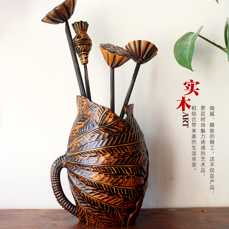 新中式怀旧文艺客厅莲蓬大麦干C花插花实木装饰复古矮花瓶摆件