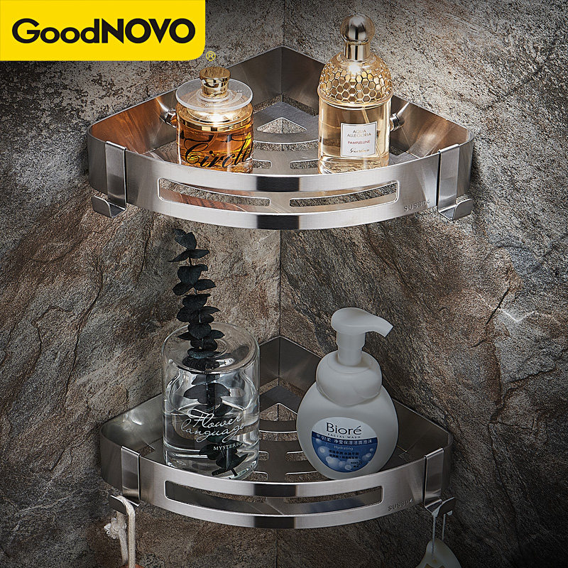 304不锈钢浴室收纳架冲凉卫生间三角置物架淋浴房U转角壁挂免打孔