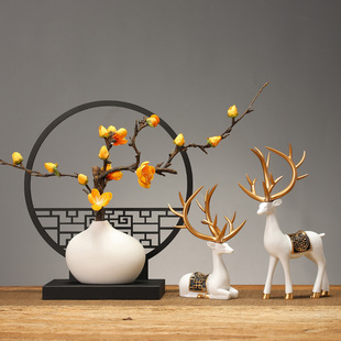 新中式 饰品现代茶室房间布置电视柜酒 鹿摆件禅意花瓶创意家w居装