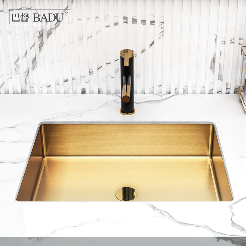 不锈钢台下盆嵌入式长方形酒店洗手盆单盆民宿卫生间金色洗脸盆