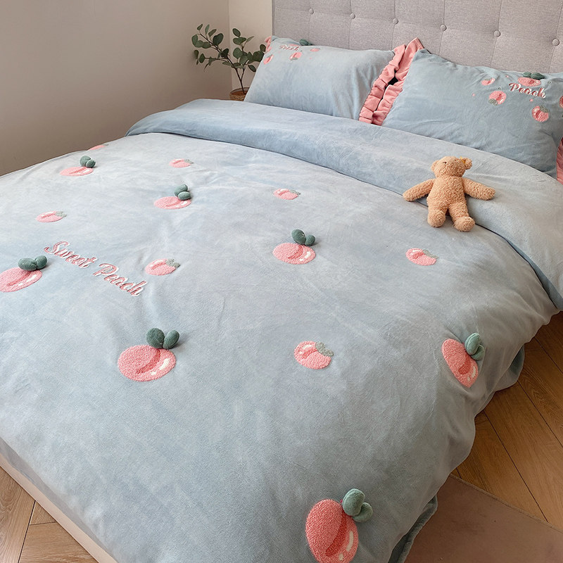 冬天高端牛奶绒床上四件套双w面珊瑚绒法兰绒高级感公主风冬季加