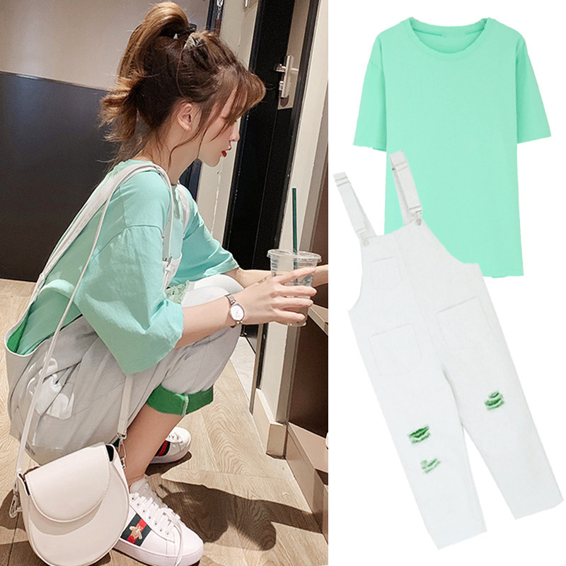 孕妇背带裤夏薄款裤子时尚套装潮妈女夏季宽松外穿2021遮孕肚夏装图片
