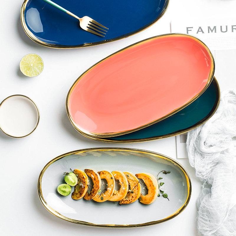鱼盘家用新款金边盘子大号椭圆形鱼盘寿司盘陶瓷家用蒸鱼盘北欧风,餐饮具,盘,淘宝优惠券,粉丝福利购,淘宝优惠卷
