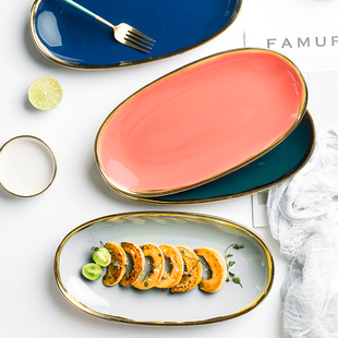鱼盘家用新款金边盘子大号椭圆形鱼盘寿司盘陶瓷家用蒸鱼盘北欧风