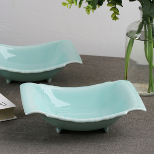 青瓷餐具创意冷菜盘子单个中式船型汤盘家用水果深盘酒店造型餐盘