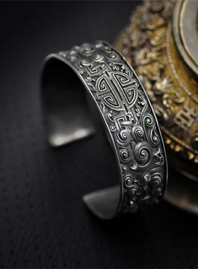 蒙古寿纹银手镯男纯银复古个性纯银手镯男士手环霸气情侣银手镯