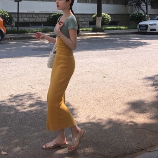 晚时光2021夏 黄色黑色包臀针织抹胸裙 气质复古显白抹胸连衣裙