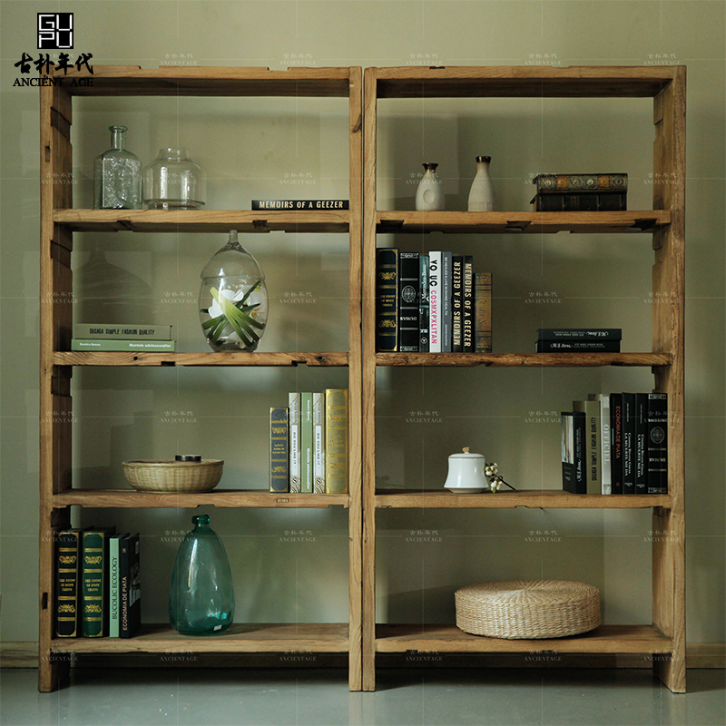 老榆木门板全实木落地书架现代A简约大气书房书柜置物架陈列架定