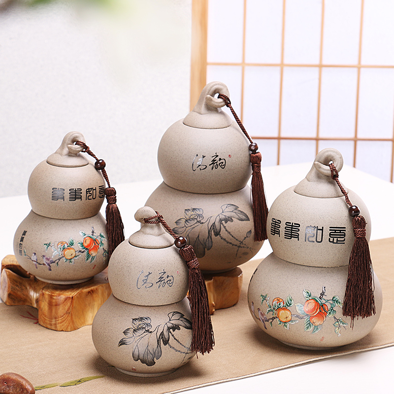 粗陶葫芦形茶叶罐 陶瓷茶叶罐 大号密封粗陶茶叶罐 存茶罐 紫砂罐
