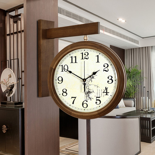 中式双面挂钟客厅家用实木壁钟胡桃木静音时尚两面挂表大气钟表