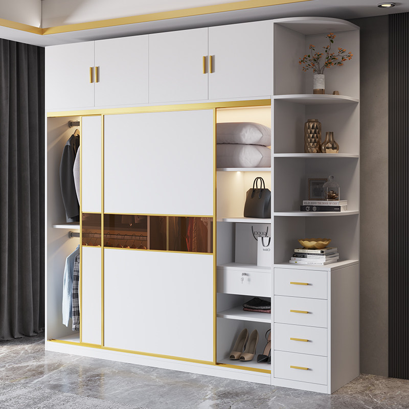 轻奢玻璃门衣柜家用卧室推拉门柜子实木质现代简约滑移门衣橱定制